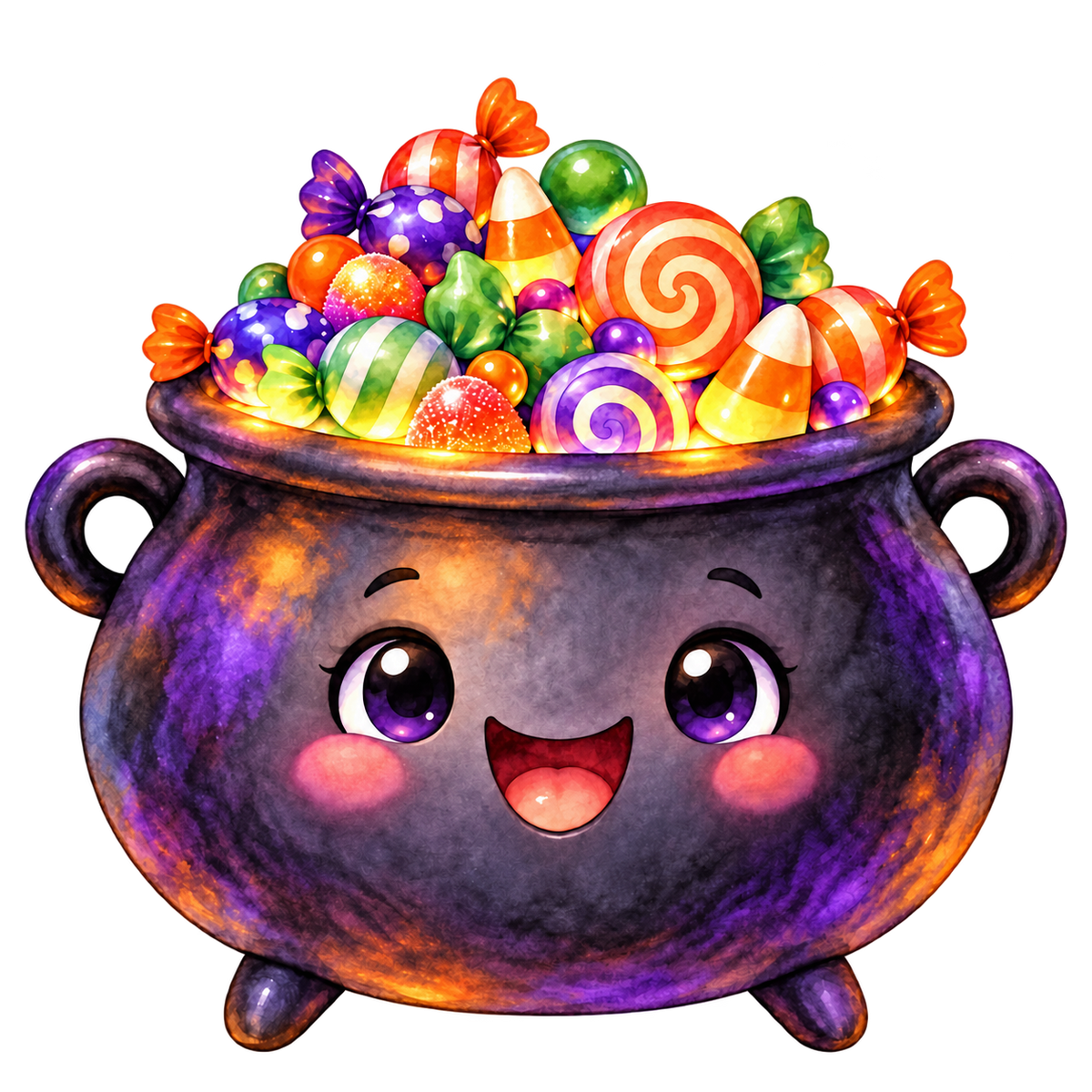 Kociołek czarownicy wypełniony słodyczami, dekoracja Halloween PNG bez tła